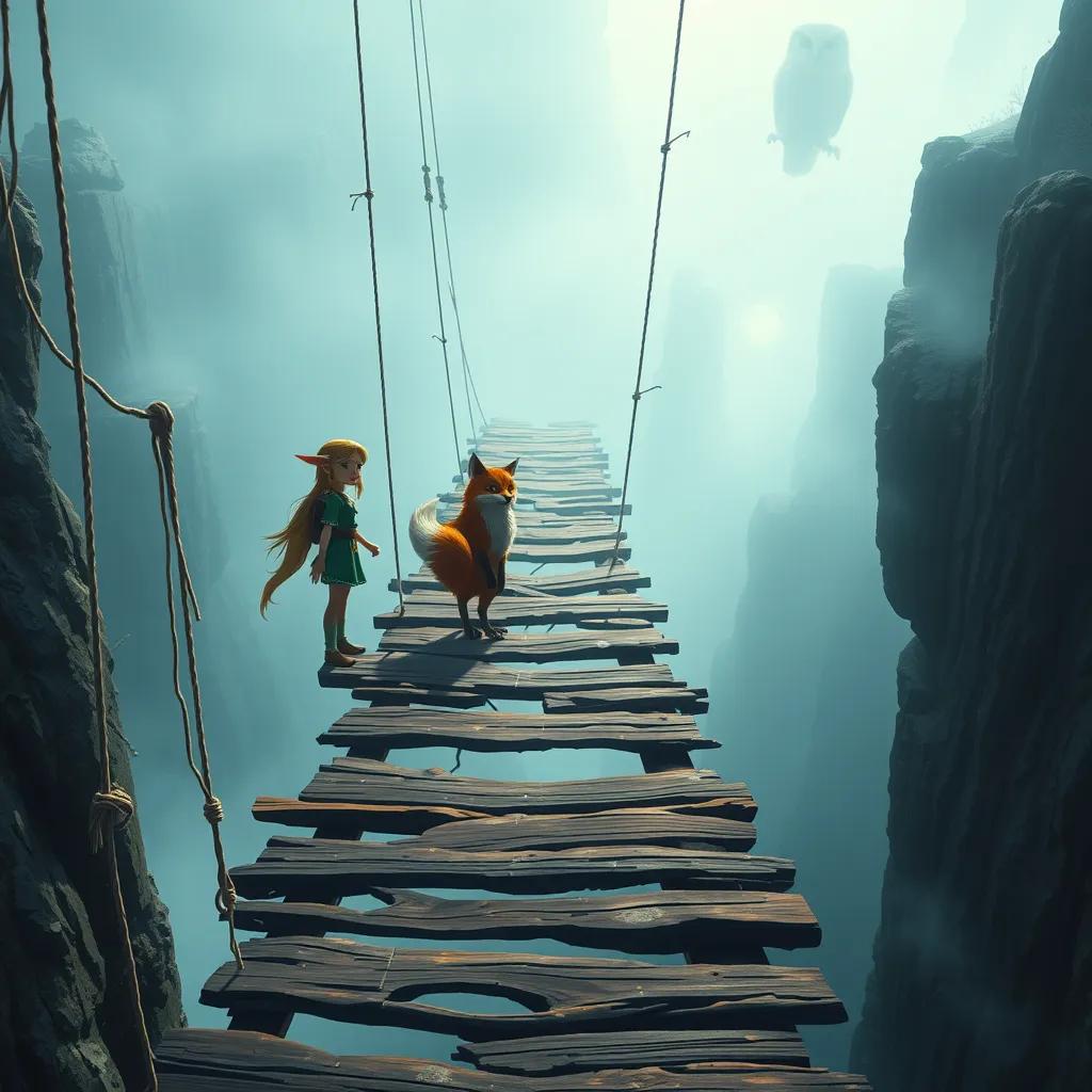 A shaky wooden bridge suspended over a deep, misty ravine. The bridge looks worn, with missing planks and frayed ropes swaying in the wind. On one side, Lila (the elf girl with a determined look), Finn (the fox looking worried), and Zara (the wise owl) are standing at the edge, contemplating the crossing. The other side of the bridge is shrouded in mist, with a faint, magical glow hinting at what lies beyond.