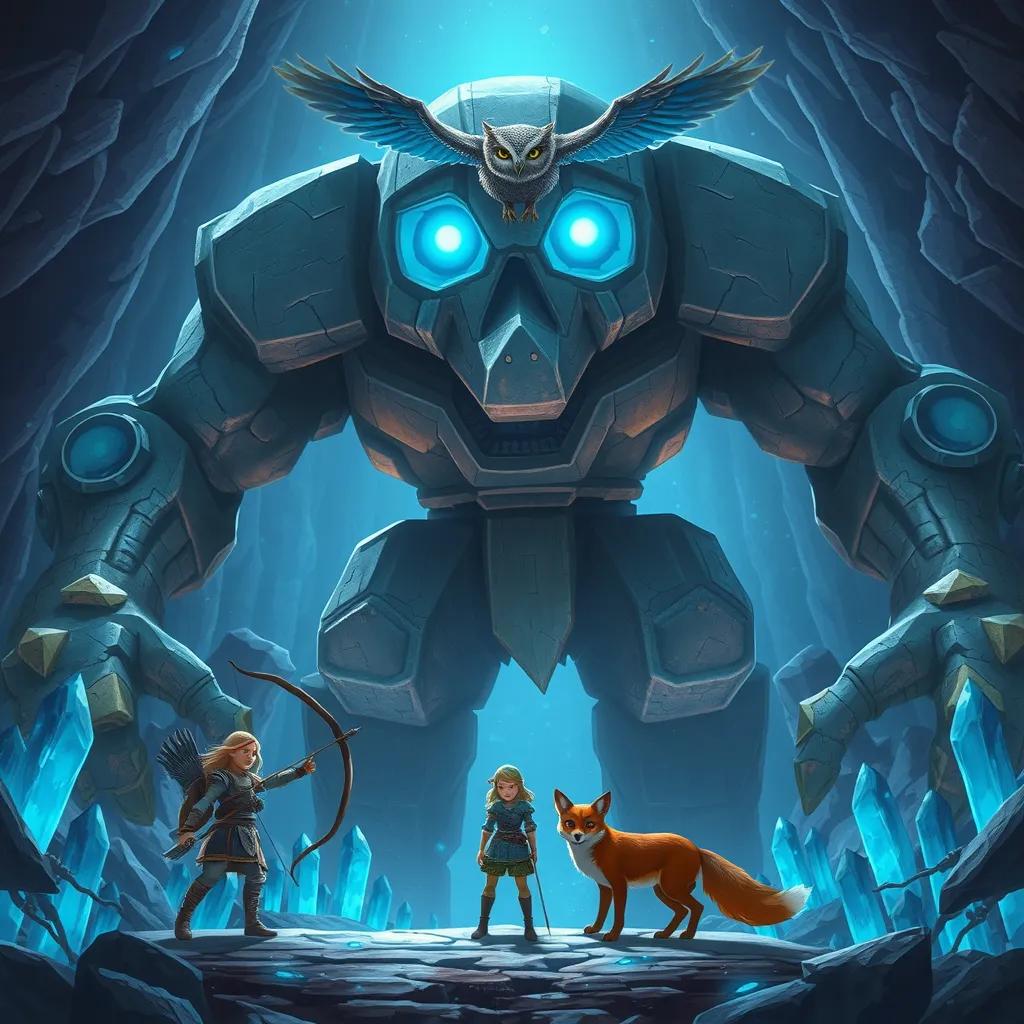 A massive stone golem with glowing blue eyes stands in a cavern filled with blue crystals. It looks ancient and powerful, with cracks running through its stone body. Lila (an elf girl) stands in front of it, her bow drawn. Finn (a fox) is beside her, crouched and ready. Zara (a wise owl) flies above them, wings spread wide, with a look of determination. The scene is tense, with the glowing crystals casting an eerie blue light over everything.