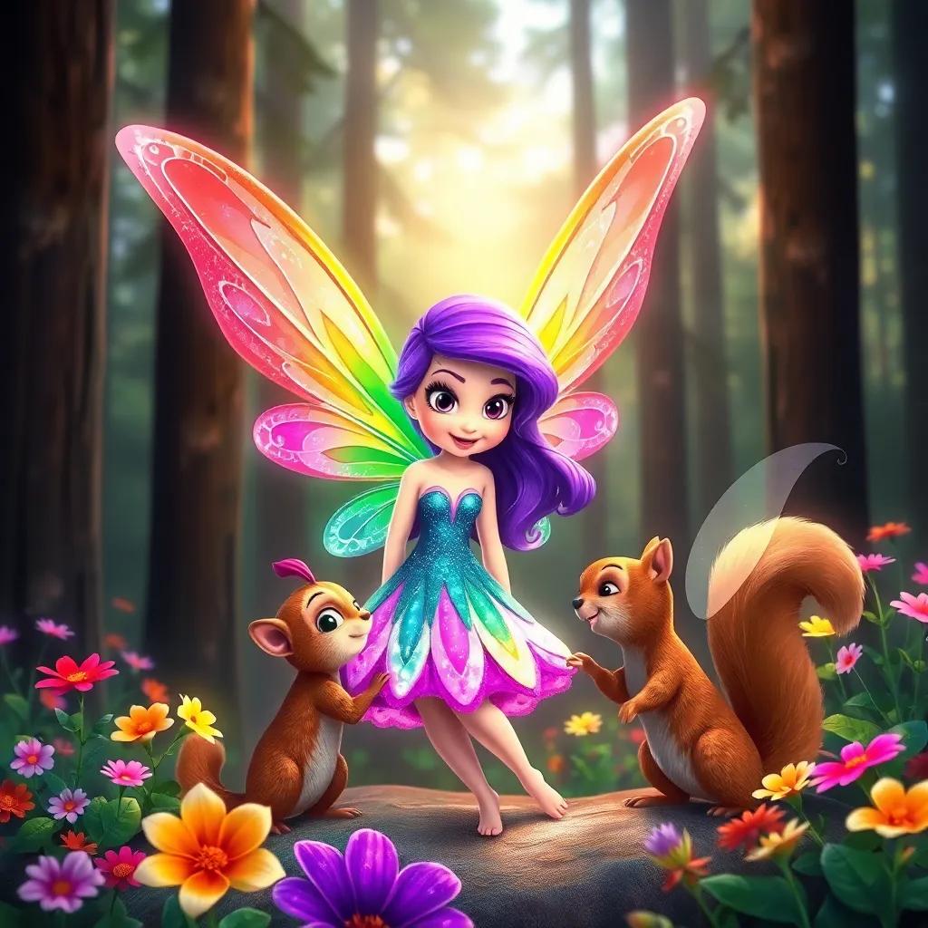 A colorful fairy, Lira, with shimmering rainbow wings, smiling and talking to a forest squirrel, surrounded by vibrant flowers and tall trees, magical atmosphere, digital art, cheerful, enchanting scene, high quality