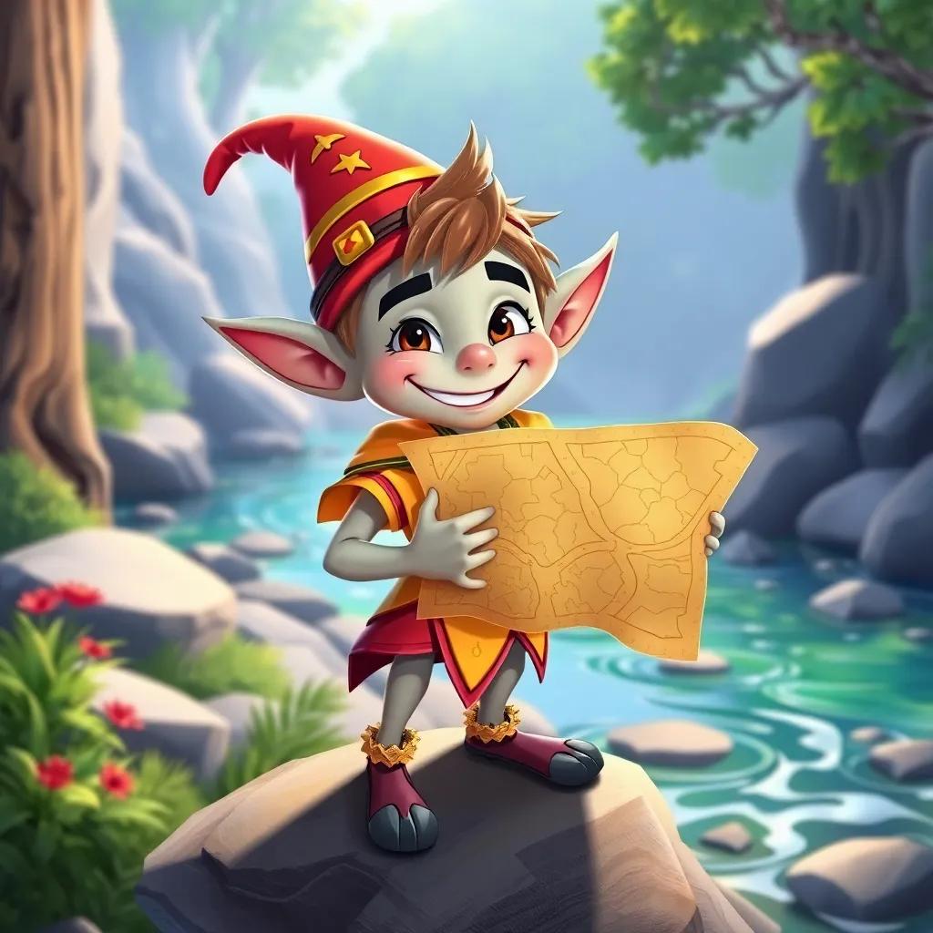 A mischievous elf, Orin, with a playful grin, holding a magical changing map, standing on a rock beside the enchanted river, bright colors, whimsical elements, playful vibe, digital illustration, joyful scene, high quality