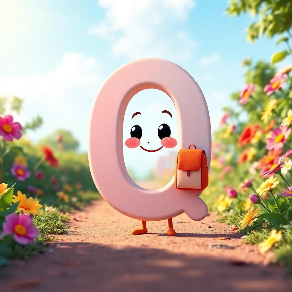A cute little letter Q, with a happy face, wearing a tiny backpack, standing at the start of a colorful path, vibrant flowers and sunshine, cheerful atmosphere, digital art, bright colors, whimsical style