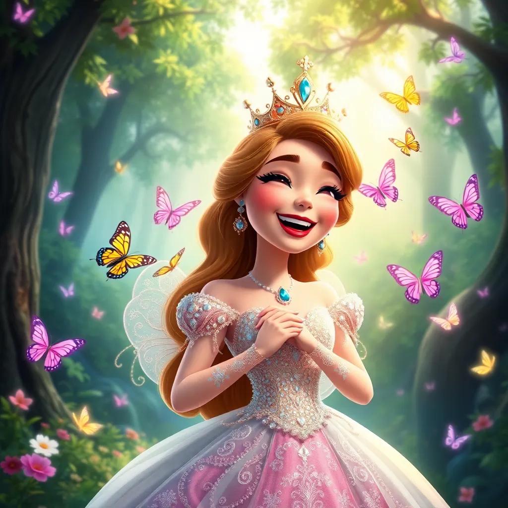 A cheerful queen named Quiana, in a sparkling gown and crown, laughing beside Q, with colorful butterflies and a magical forest background, enchanting, bright, digital painting, fairytale style