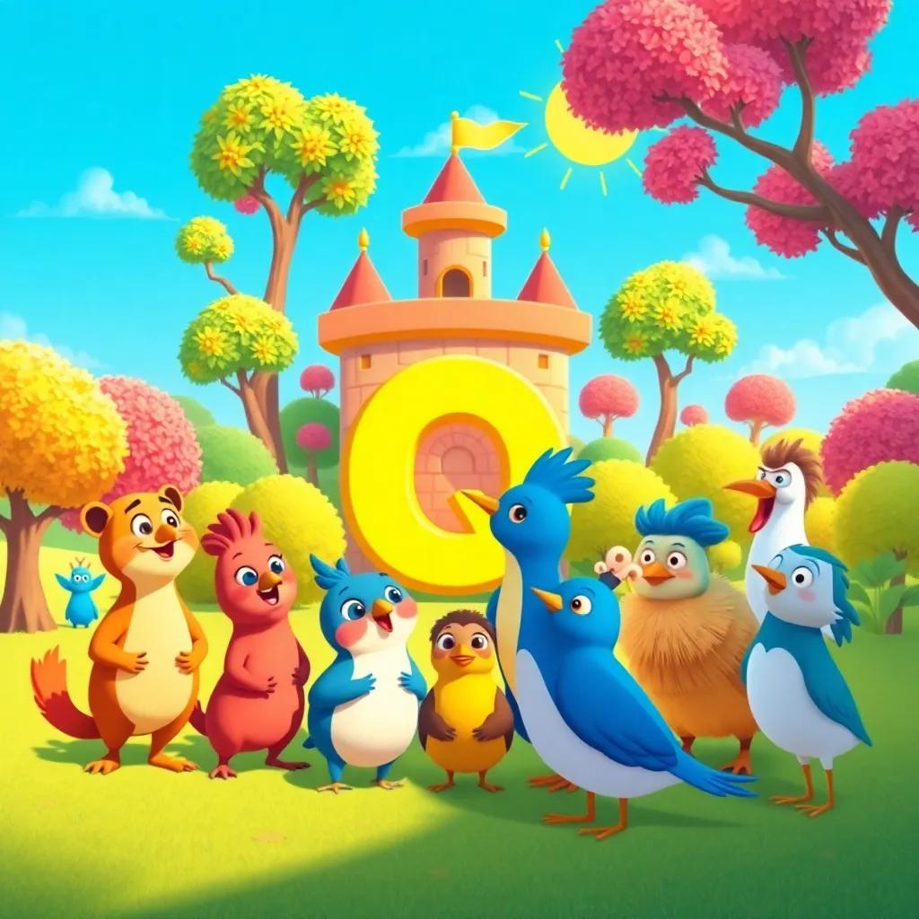 A kingdom with quirky creatures like quick quokkas and quiet quails, gathering around a lively Q, with colorful trees and sunny skies, joyful and vibrant, illustration, whimsical