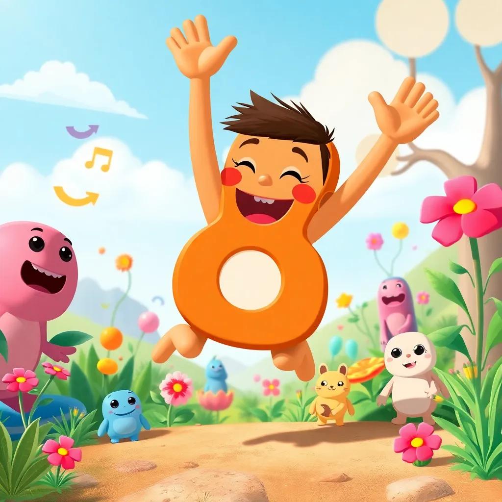 Q jumping with excitement surrounded by quirky creatures, colorful plants, and bright blue skies, celebration and joy, cheerful, colorful landscape, child-friendly illustration