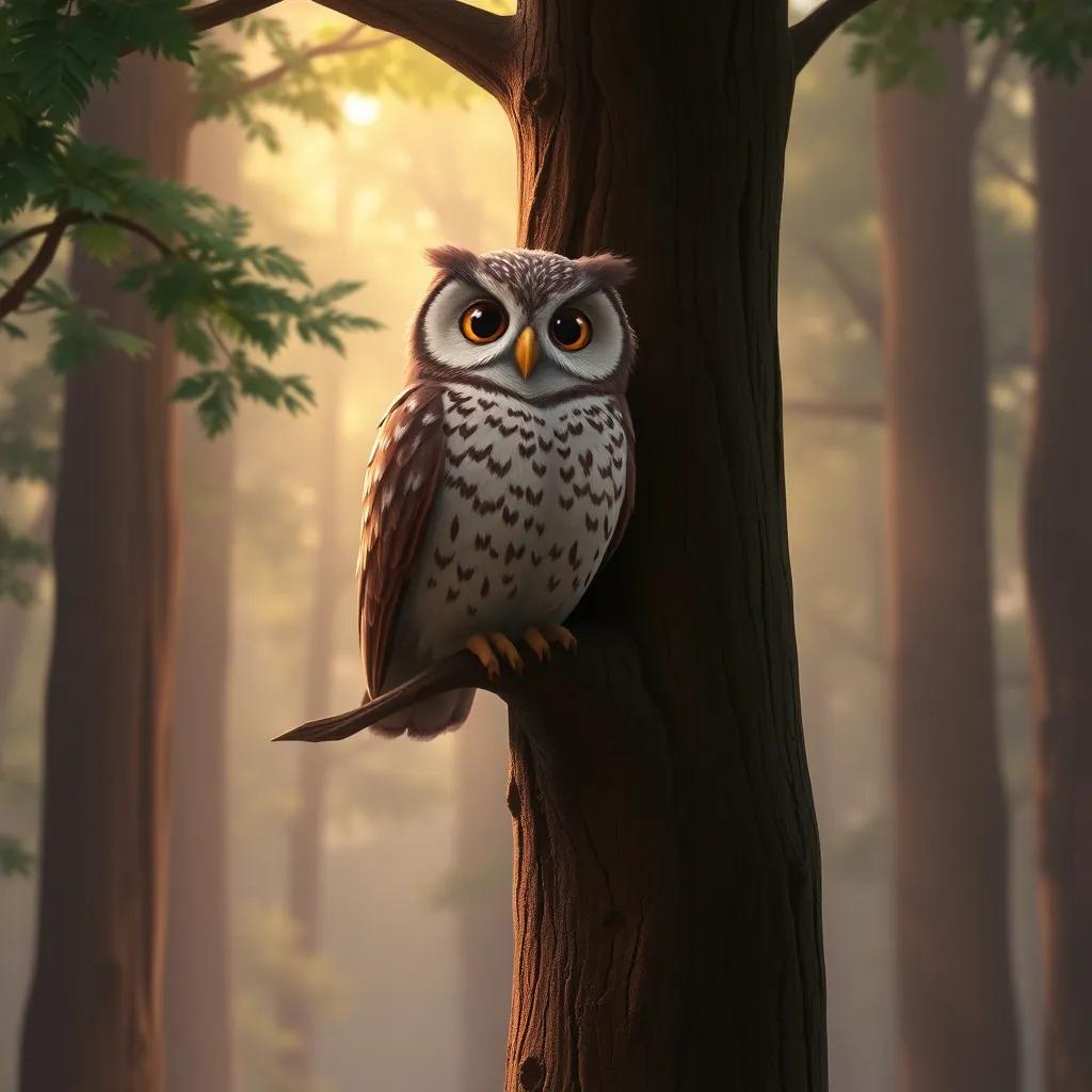 A wise owl perched on a tall tree, looking down at Q, with a calm forest background, soft light, warm and inviting, magical ambiance, detailed digital art