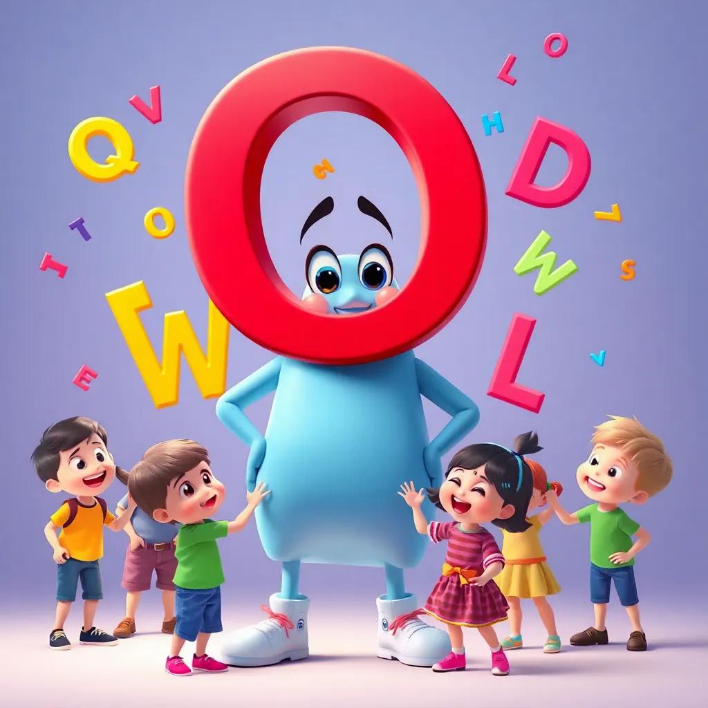 Q standing confidently, with children playing around him, creating words together, with colorful letters floating in the air, joyful and friendly engagement, vibrant colors