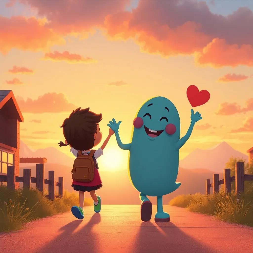 Q returning home as the sun sets, waving goodbye with a colorful sky, hearts full of joy and adventures, cozy atmosphere, child-friendly art, warm tones