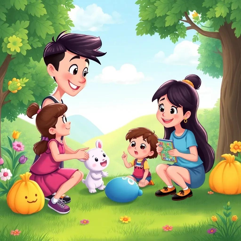 Q meeting new friends and encouraging them to spell and play, filled with laughter, games, lively scenery, cheerful, pastel colors, engaging illustration