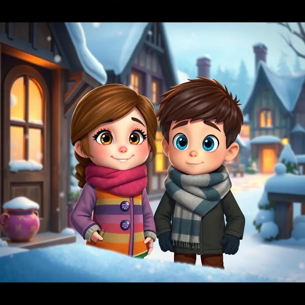 In a cozy village called Frostwood, two children, Mia, a young girl with brown hair and colorful winter clothes, and Leo, a boy with bright blue eyes and a warm scarf, stand outside looking at the snow, digital art, warm colors, inviting atmosphere, high quality