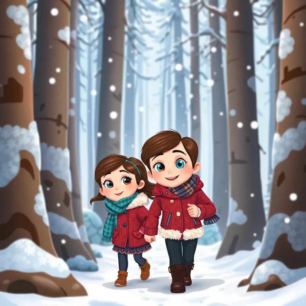 Mia, a young girl with brown hair in a fluffy red jacket, and Leo, a boy with bright blue eyes wearing a cozy blue scarf, making their way through snowy woods, surrounded by tall trees with snowflakes falling gently, illustration, cheerful, adventure-themed, child-friendly