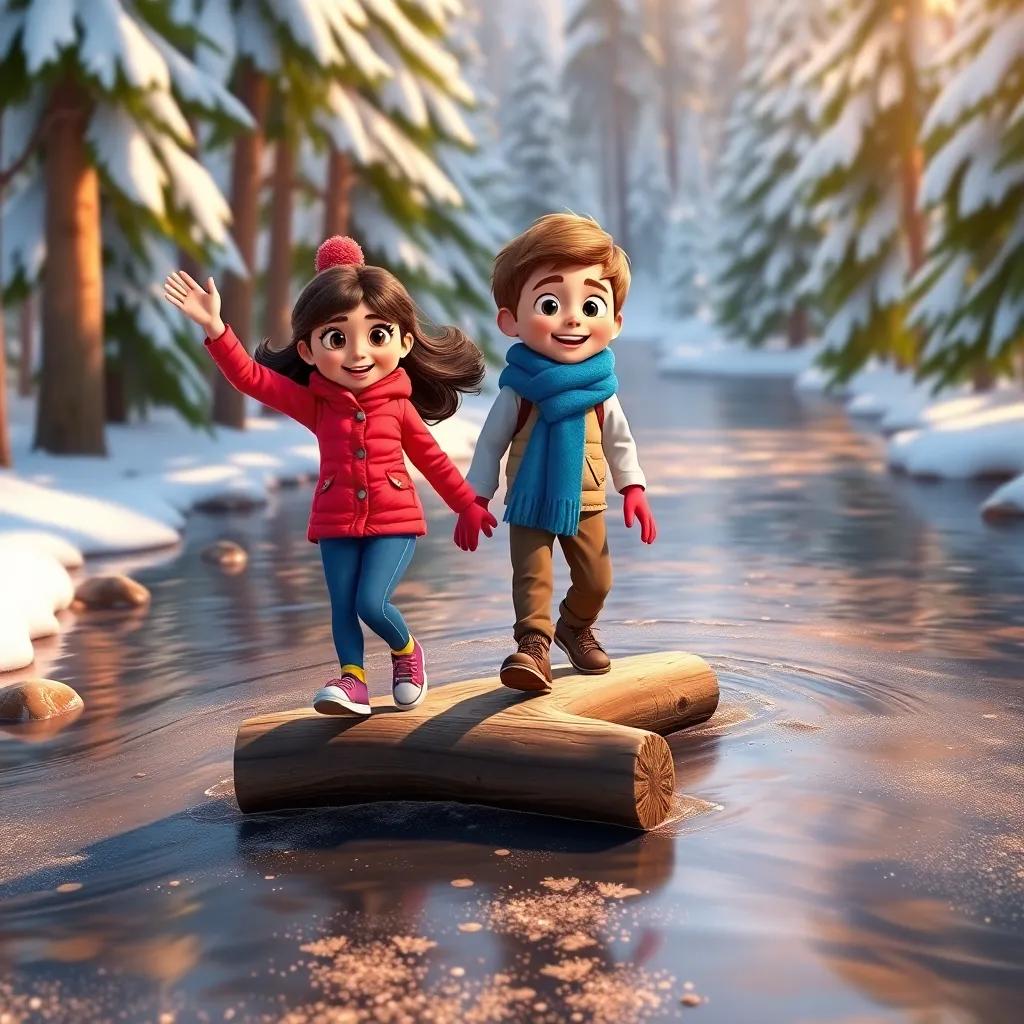 Mia, wearing a bright red jacket, and Leo, wearing a blue scarf, walking across a glistening river on a log, with trees covered in snow around them, both looking excited and determined, vibrant colors, cheerful atmosphere, high quality