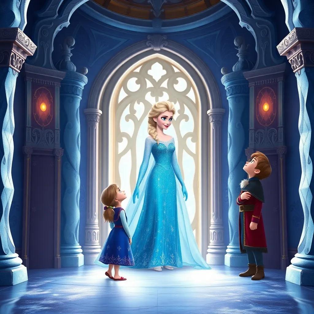 Inside a grand Ice Palace, Elsa, the Snow Queen with long icy blonde hair, wearing a sparkling blue dress, stands at the door with a welcoming smile, while Mia and Leo look up at her in awe, digital painting, detailed, magical ambiance, high quality