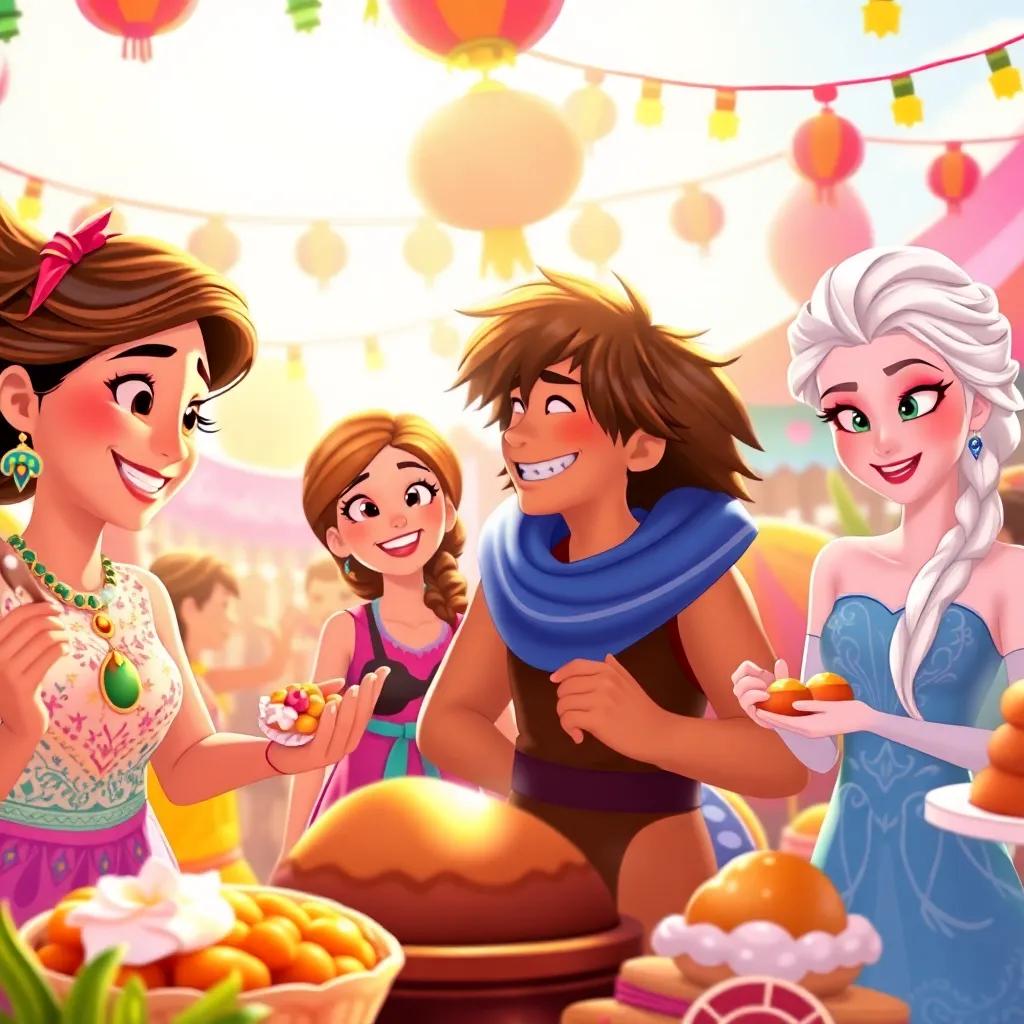 In a bright and colorful festival scene, Mia, Leo, and Elsa celebrate with the villagers, happy faces, colorful decorations, and delicious treats around, warm sunlight streaming down, illustration, joyful and festive setting, high quality