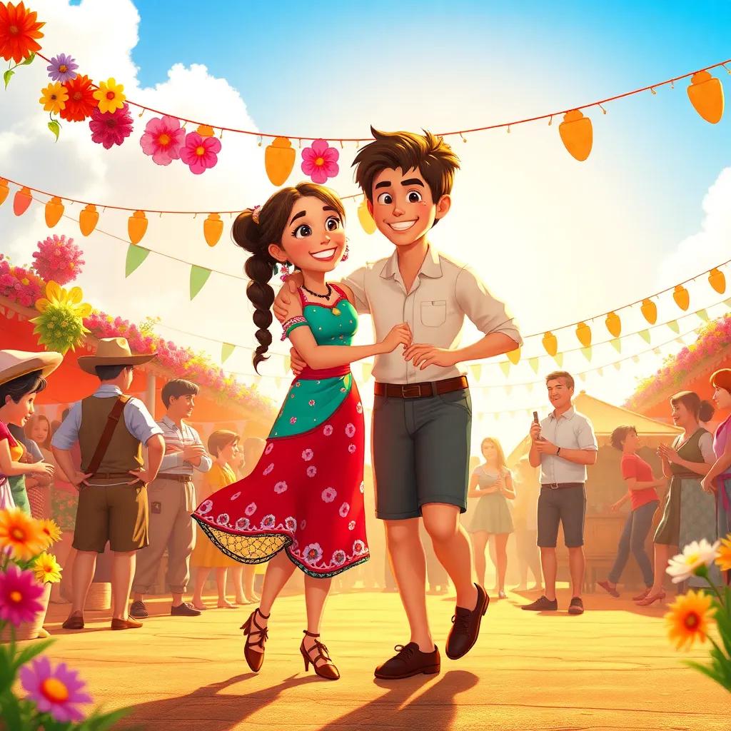 Mia and Leo dancing in the warm summer sun at the festival, surrounded by friends and villagers celebrating, beautiful flower decorations, laughter and happiness in the air, vibrant colors, joyful atmosphere, high quality