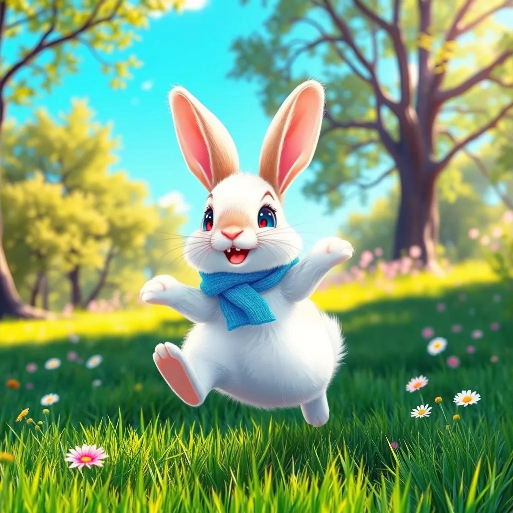 A little rabbit, Benny, with fluffy white fur, wearing a cute blue scarf, hopping joyfully on green grass under bright sunlight, surrounded by trees and flowers, cheerful atmosphere, vibrant colors
