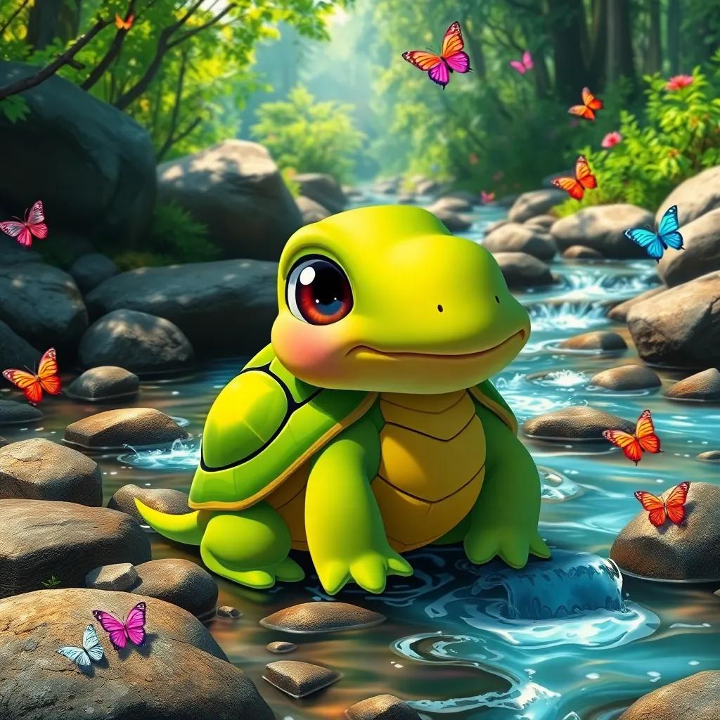 A friendly turtle, Lucy, with a green shell and big eyes, sitting beside a sparkling stream, listening to the water with a smile, surrounded by rocks, trees, and colorful butterflies, beautiful natural scenery, soothing images