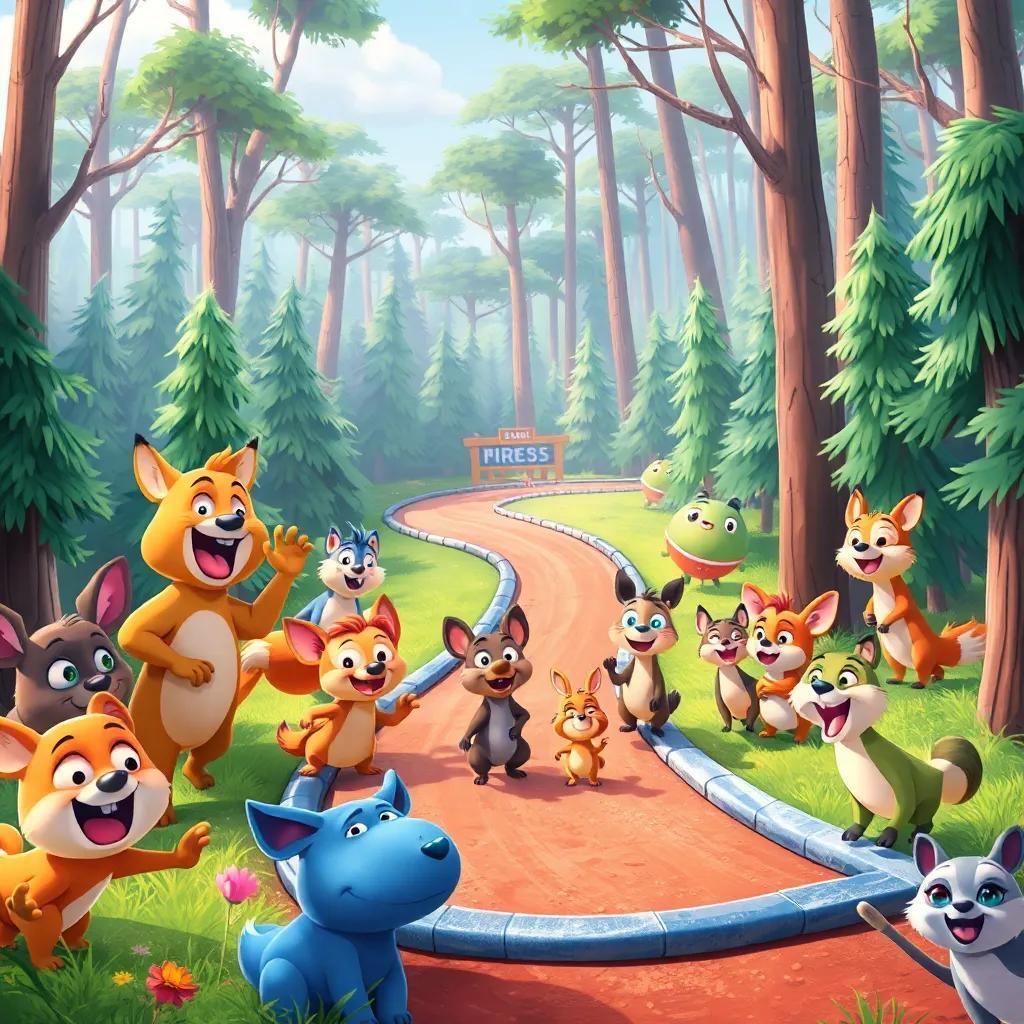 A lively scene with various forest animals gathered around a race track in the forest, excited expressions, cheerful colors, illustration style, vivid and engaging