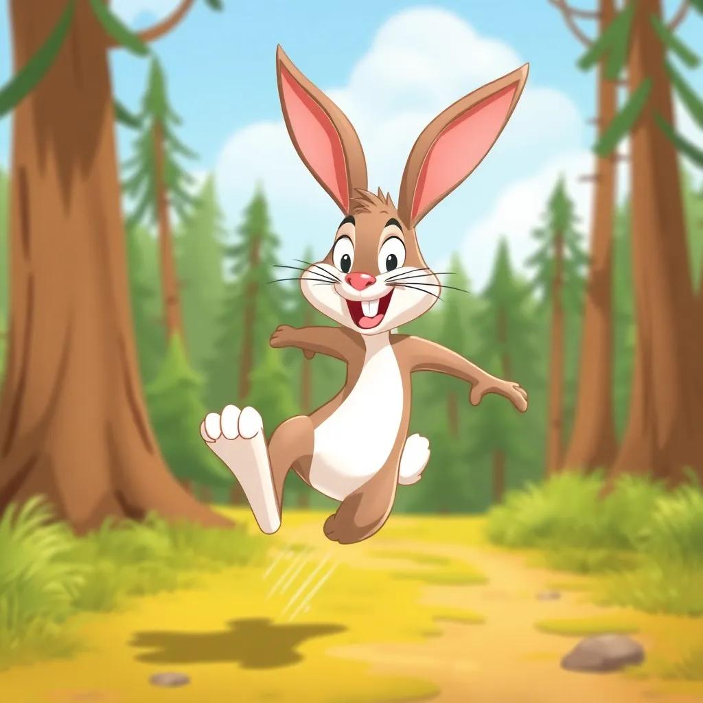 A quick rabbit bouncing happily, showing off his speed in a sunny forest, with a confident grin, cartoonish style, bright colors, lively and fun