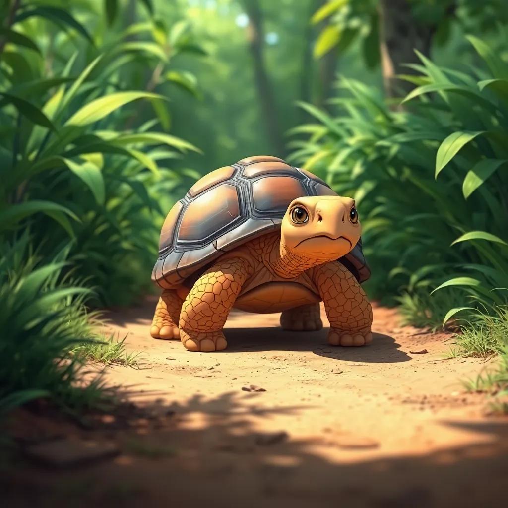 A determined tortoise moving steadily along a dirt path, focused and determined, lush greenery surrounding, illustration style, calm and encouraging