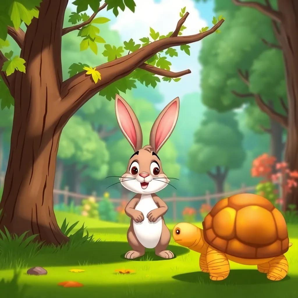 A friendly rabbit waking up under a shady tree with a surprised expression, looking towards the tortoise near the finish line, colorful forest background, cheerful and humorous