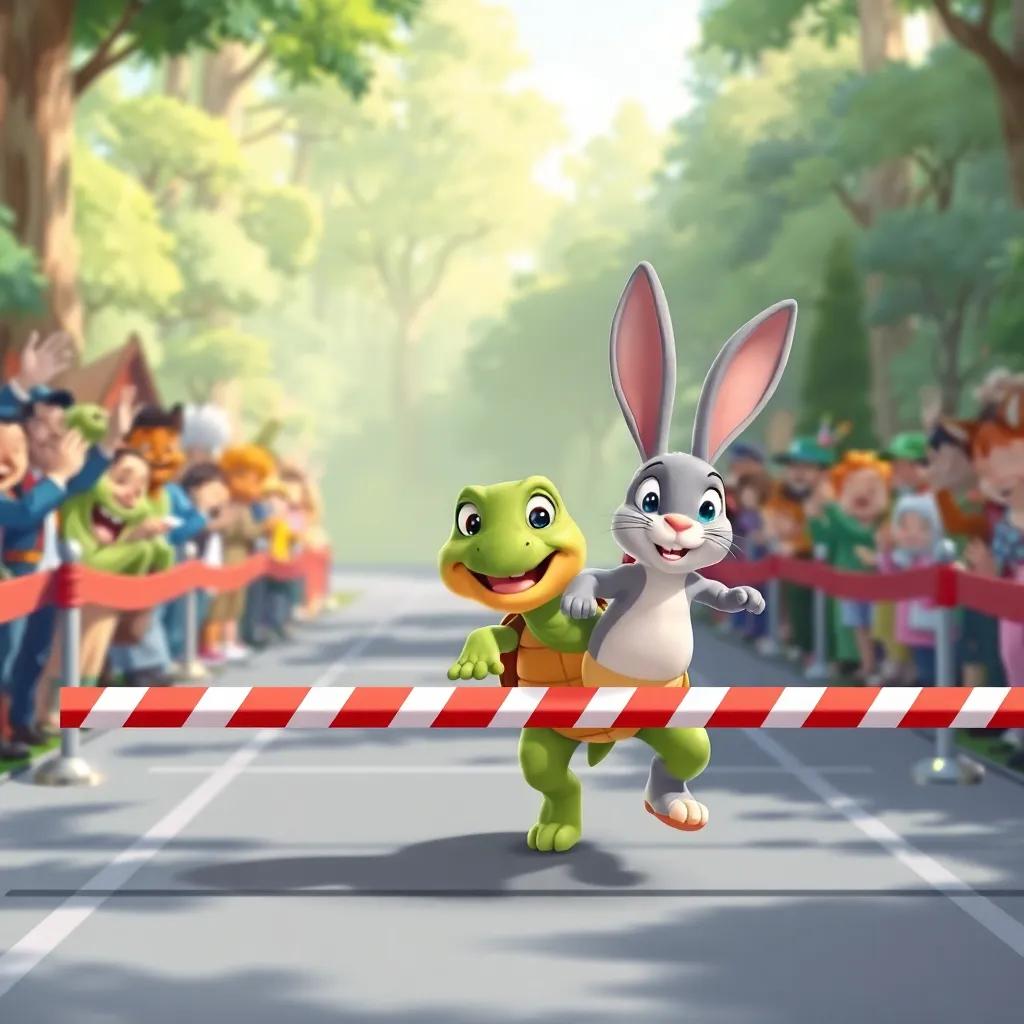 The tortoise crossing the finish line with a smile while the rabbit rushes over, enthusiastic forest animals cheering, bright and colorful, festive atmosphere, illustration
