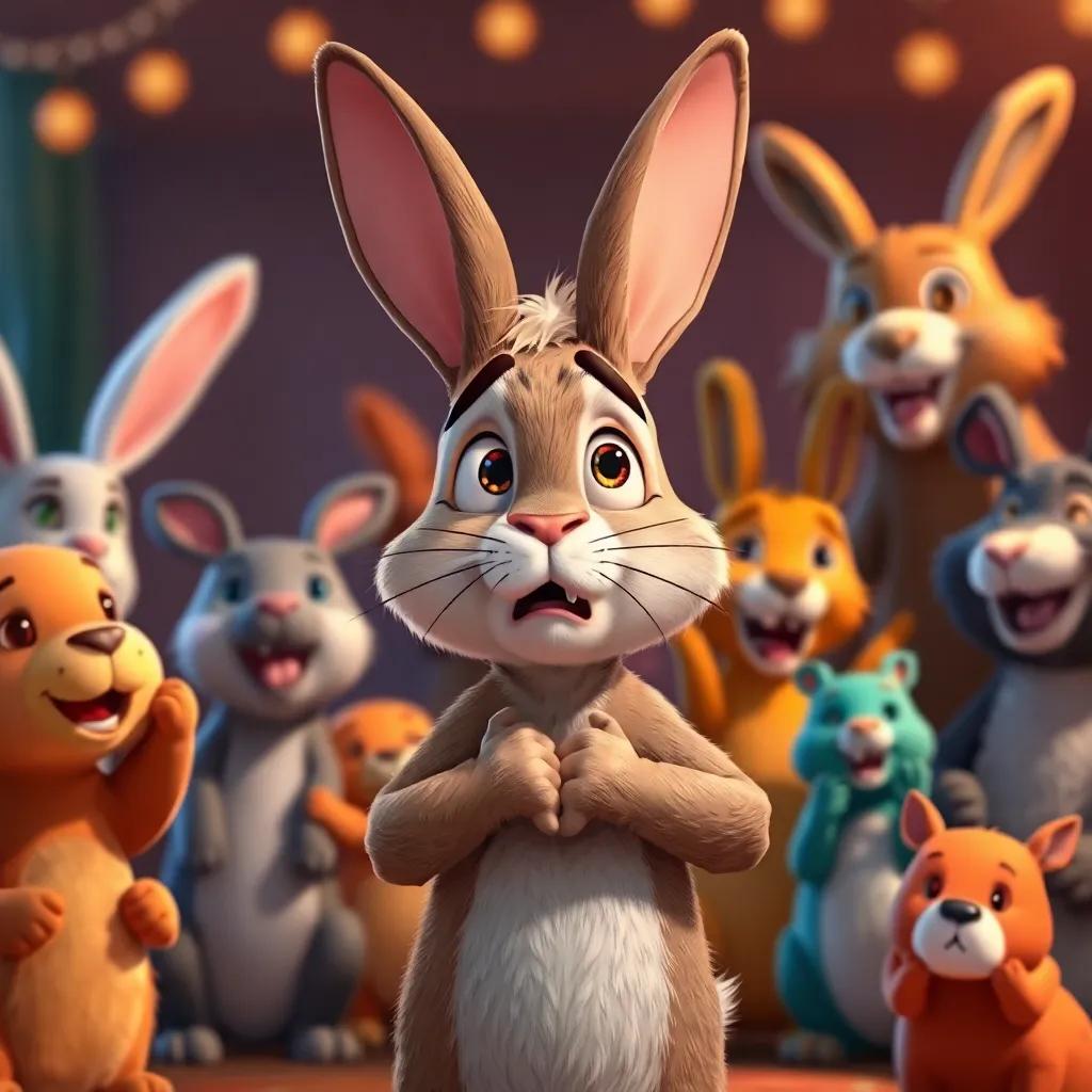An embarrassed rabbit looking shocked as he realizes he lost, surrounded by cheering animals, warm colors, cartoon style, humorous