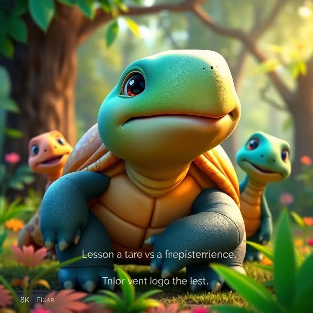 The tortoise giving a wise smile, surrounded by friends sharing a lesson of persistence, vibrant forest background, child-friendly