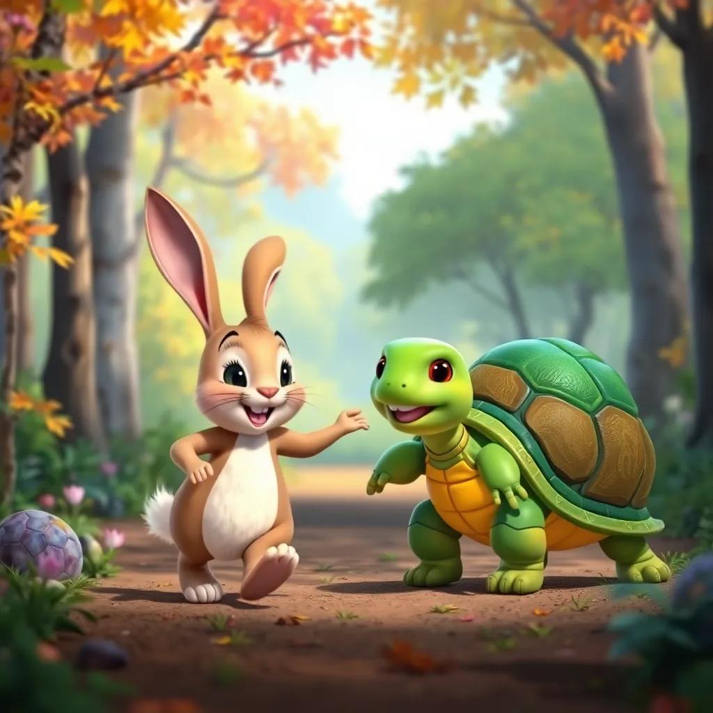 The rabbit and the tortoise walking together in the forest sharing happy moments, colorful scenery, joyful atmosphere, friendship theme
