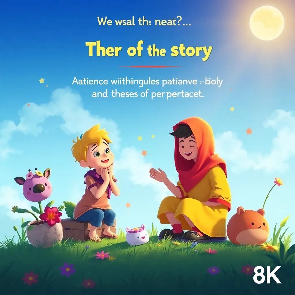 A vibrant illustration of the moral of the story, showcasing patience and perseverance, with vivid visuals and engaging elements, cheerful and encouraging