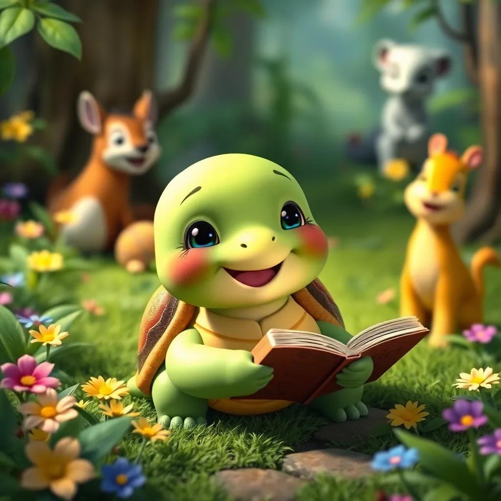 A small, cheerful turtle named Story, with a shiny shell, happily telling stories to forest animals in a lush green setting with colorful flowers, digital art, vibrant colors, calm atmosphere, high quality