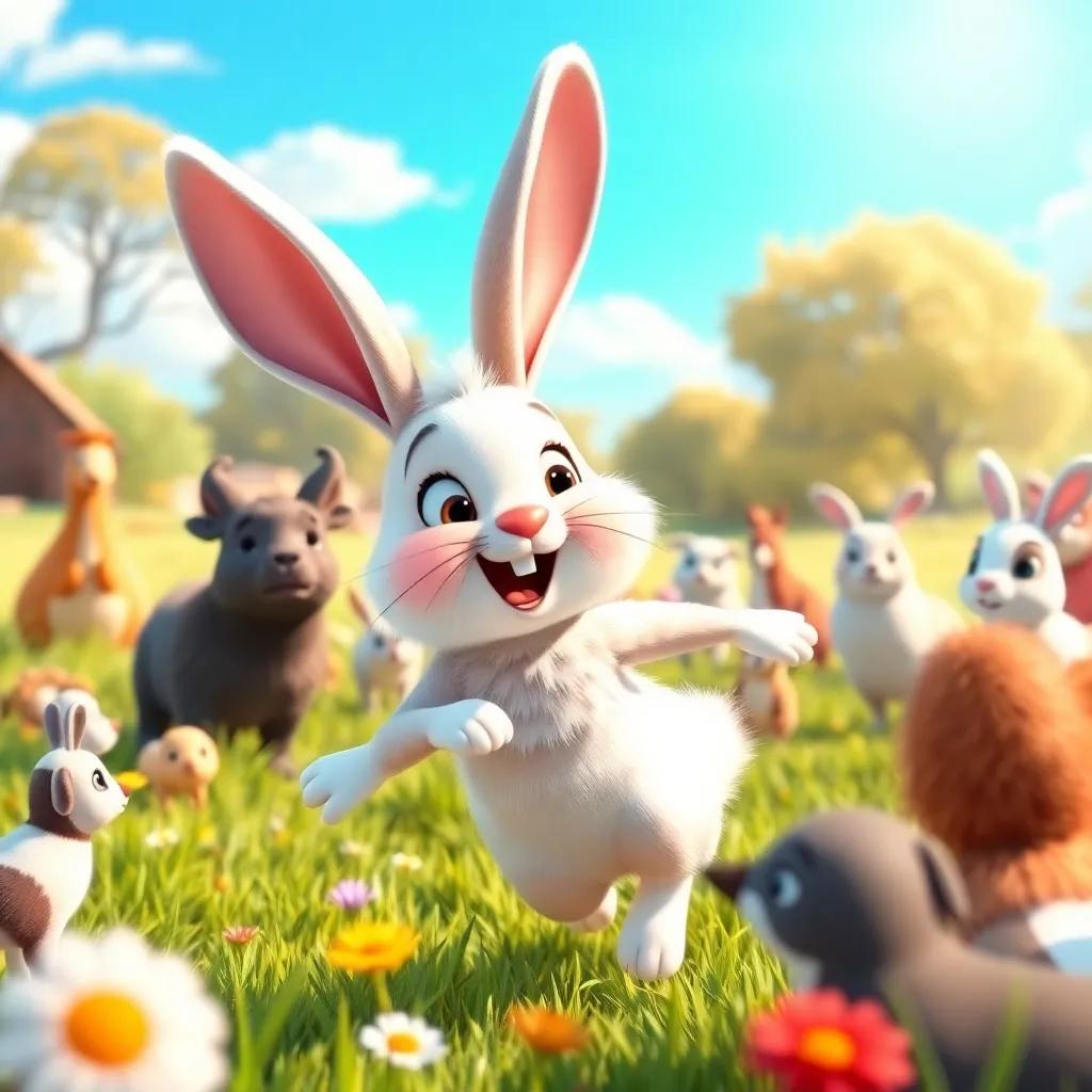 A rabbit named Ruby, a cheerful and energetic character, with fluffy white fur and big ears, hopping in a sunny meadow with animals gathering around, vibrant scene, digital art, cheerful atmosphere, bright colors, high-quality