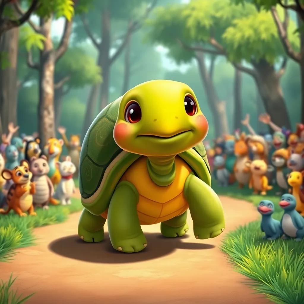 A wise turtle named Tommy, with a green shell and gentle eyes, moving slowly yet steadily on a path, against a backdrop of trees and a cheering crowd of animals, heartwarming illustration, vibrant colors, friendly scene, high-quality