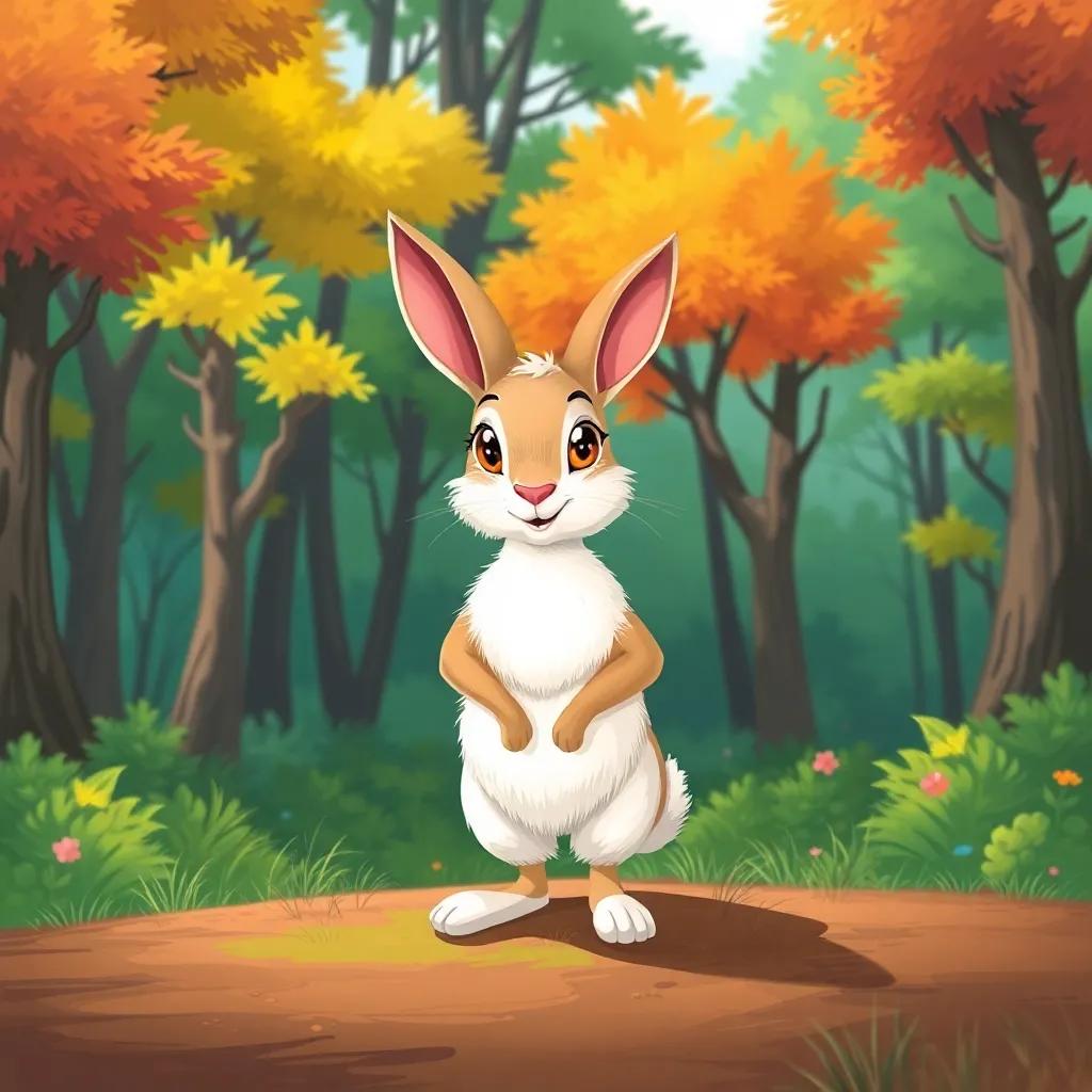 A hare named Samy, a young forest creature with fluffy white fur and bright eyes, standing proudly in a green forest, vibrant trees in the background, sunny day, cheerful colors, joyful atmosphere, colorful illustration, high quality