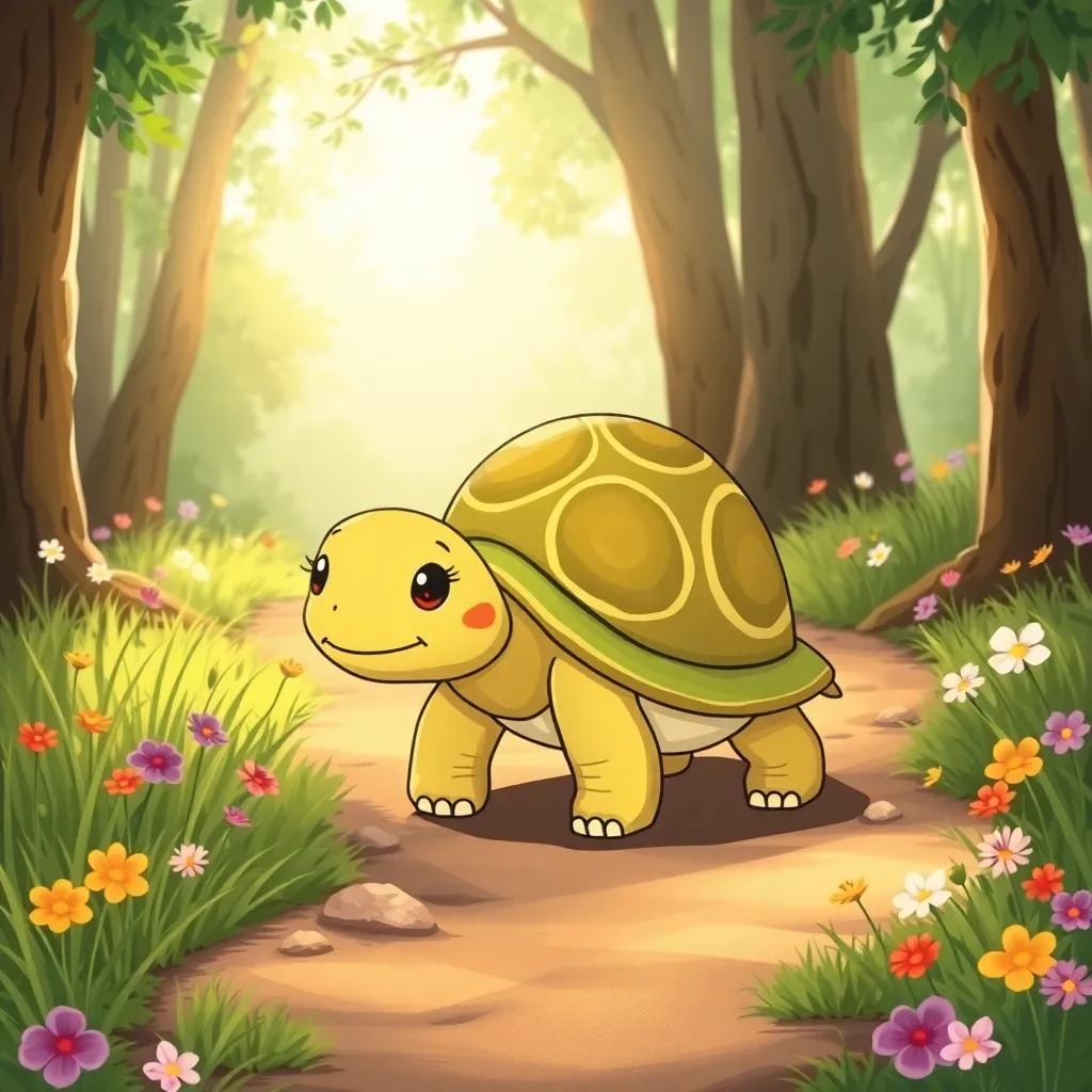 Layla the tortoise, with a gentle smile and a shiny shell, walking steadily on a forest path, surrounded by tall grass and colorful flowers, bright sunlight filtering through the trees, serene atmosphere, charming illustration, high quality