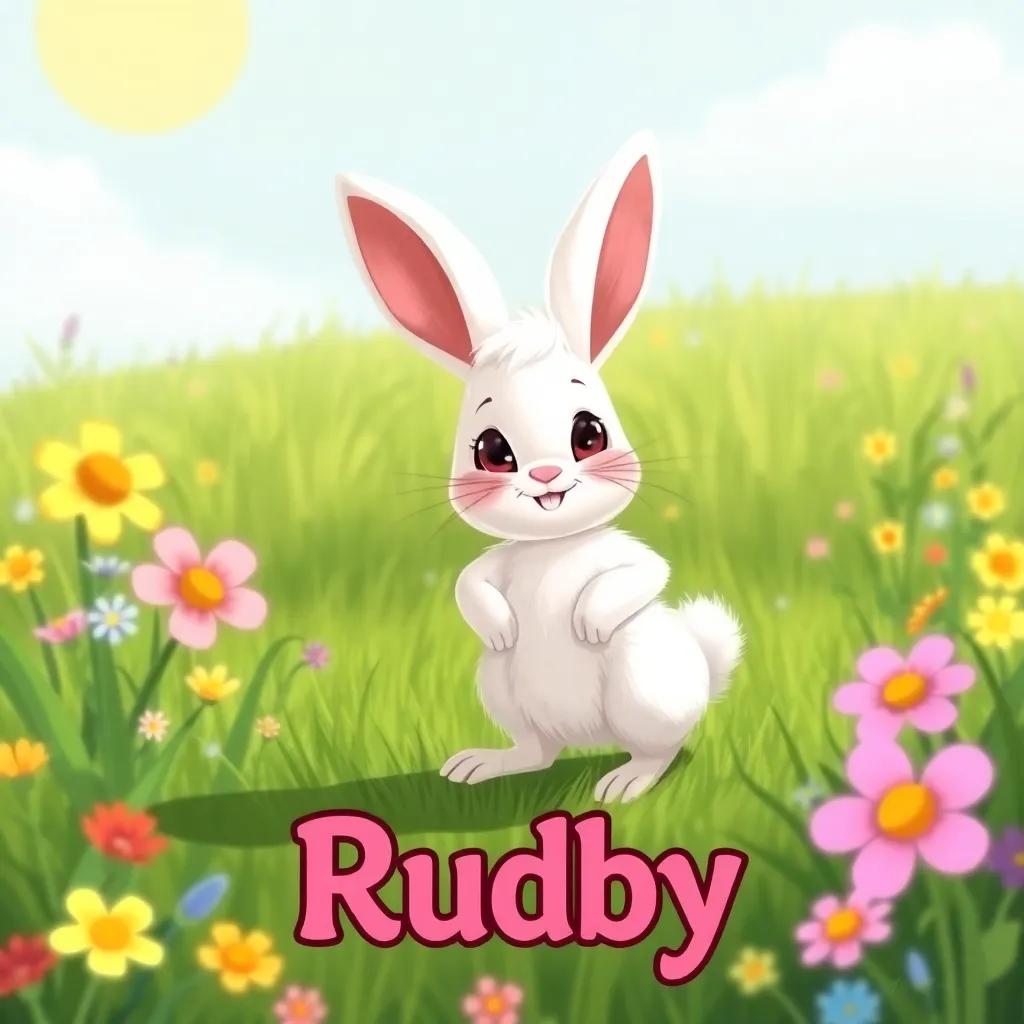 A speedy rabbit named Ruby, with fluffy white fur and long ears, proudly standing in a sunny meadow, surrounded by green grass and colorful flowers, digital art, bright colors, cheerful atmosphere, high quality
