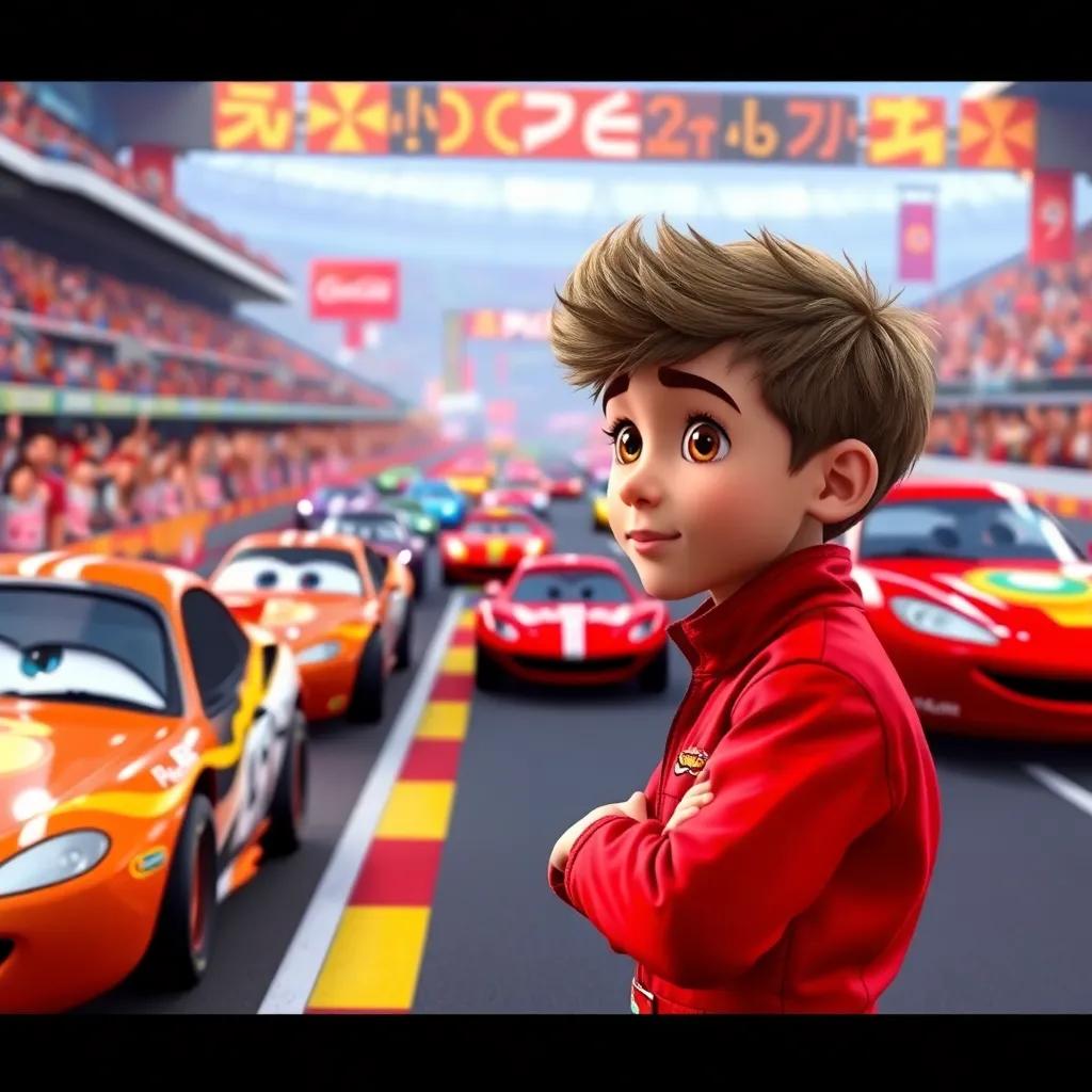 A colorful racing track filled with cars, vibrant crowd cheering, a young boy named Sam in a red racing suit, looking determined at the starting line, digital art, energetic atmosphere, bright colors, dynamic perspective, high-quality