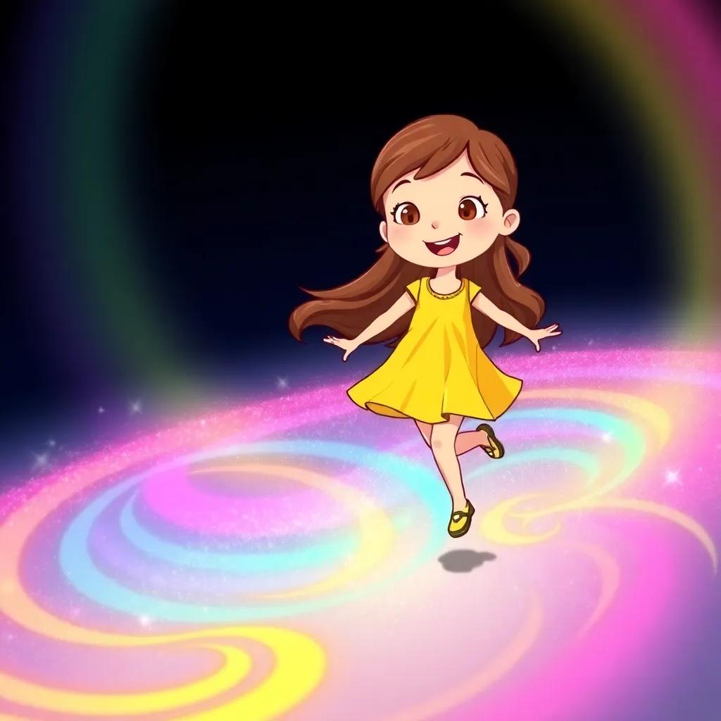 Lila, a curious girl with long brown hair in a yellow dress, skipping across a shimmering rainbow with swirling colors around her feet, joyful expression, illustration, colorful, whimsical, child-friendly
