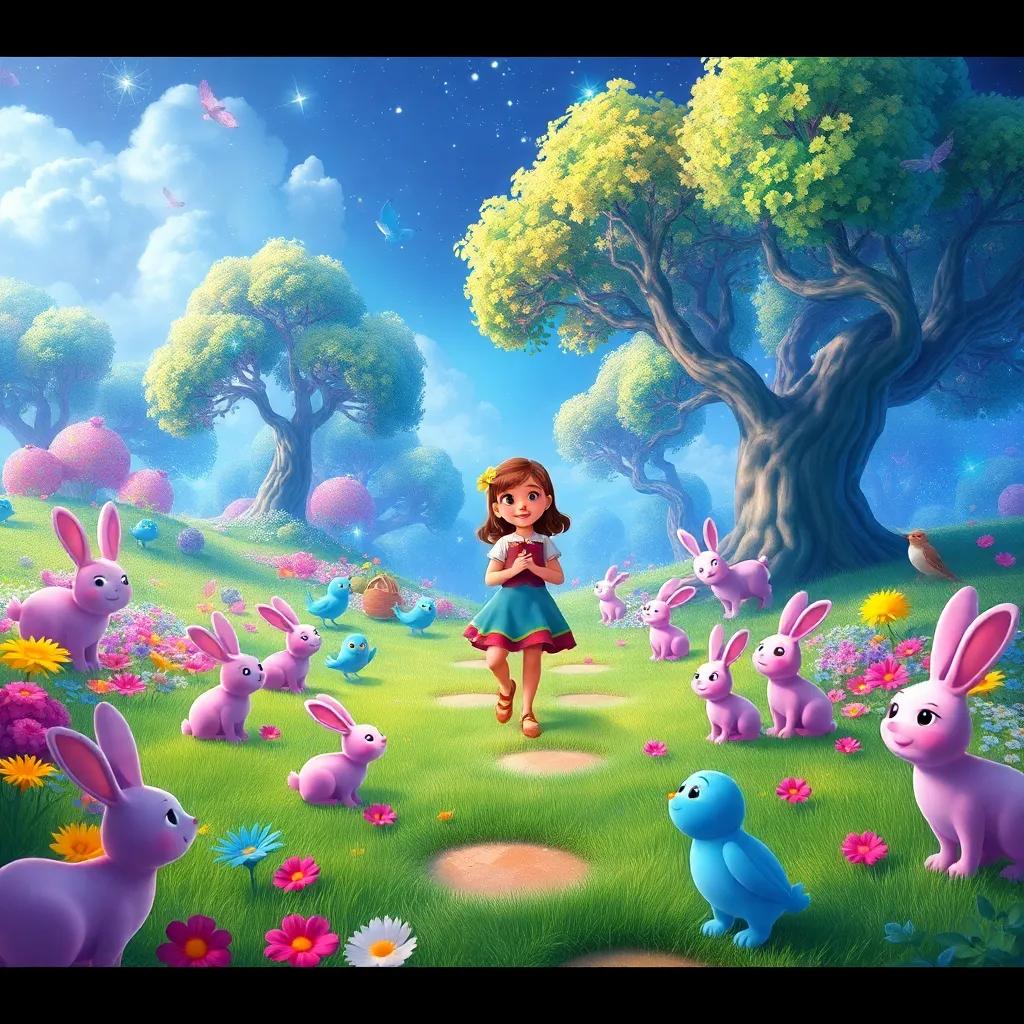 A magical land filled with colorful creatures, happy pink bunnies, bright blue birds, and sparkling green trees, with Lila standing amazed in the center, digital painting, vivid colors, enchanting scene, high quality