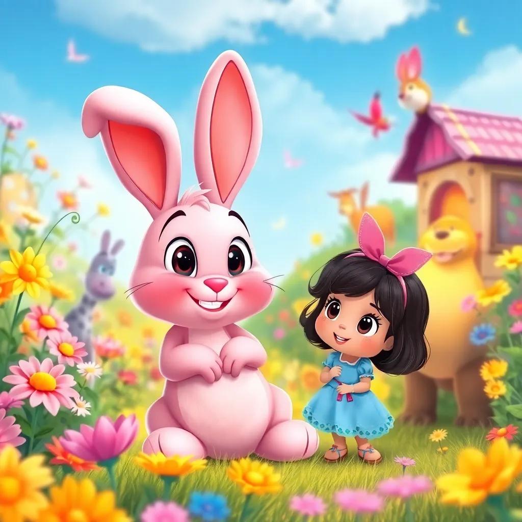 Benny, a friendly pink bunny with big bright eyes, smiling at Lila in the magical Colorland, surrounded by vibrant flowers and friendly animals, illustration, warm colors, inviting atmosphere, child-friendly