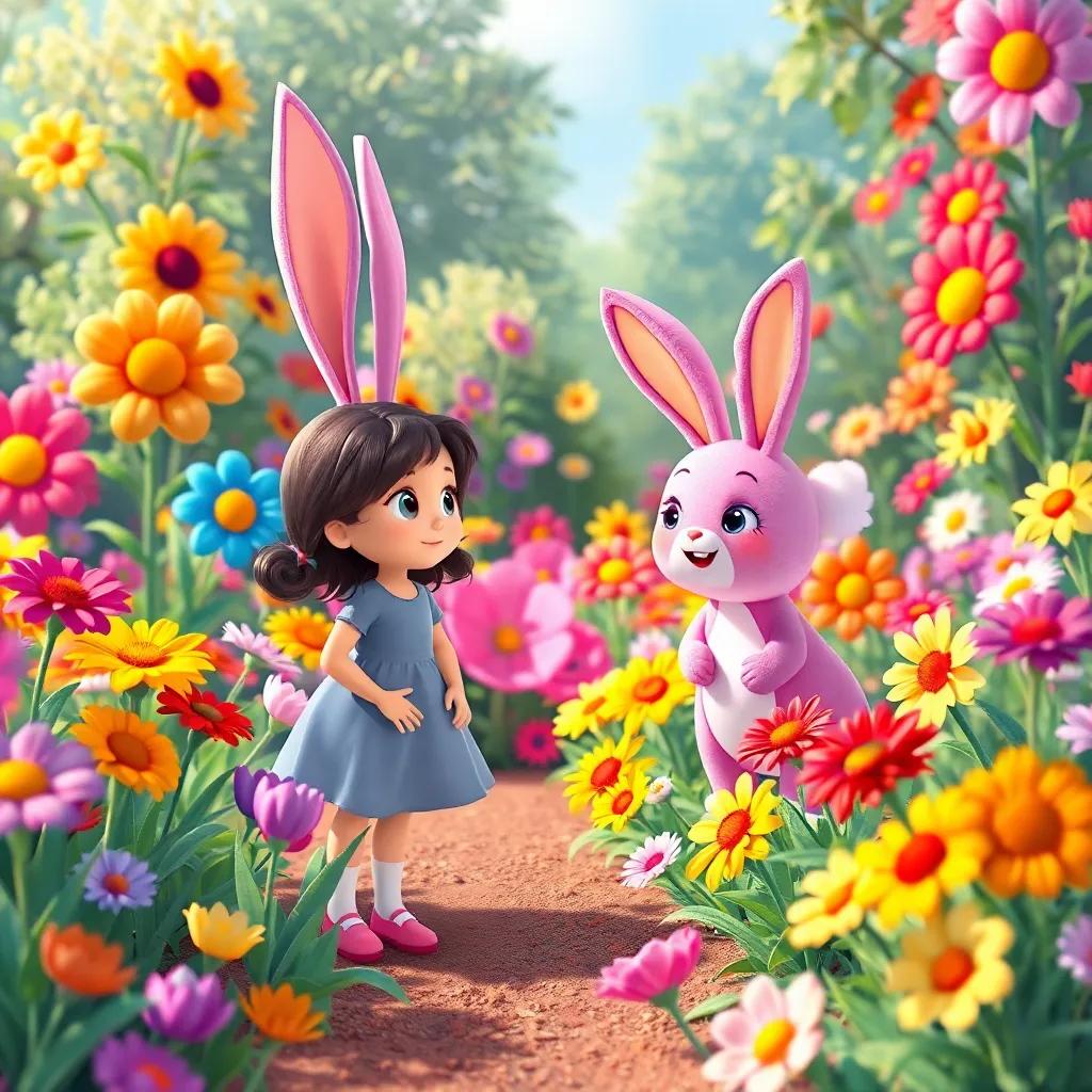 Lila standing in a colorful garden filled with unique flowers, listening to Benny the pink bunny explaining about differences, bright and cheerful, illustration, whimsical, colorful atmosphere, child-friendly