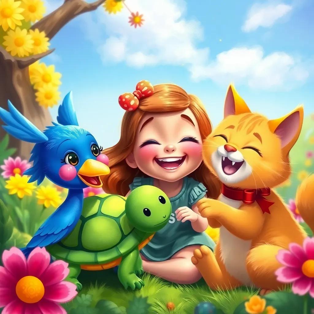 Lila playing games with her friendly animal friends, a blue bird, a green turtle, and a golden cat, joyfully laughing together in Colorland, digital painting, vibrant and happy, high quality, whimsical