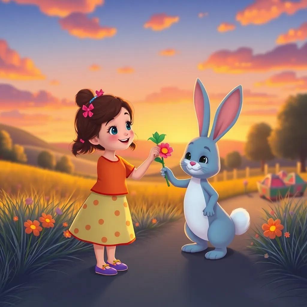 Lila waving goodbye to her friends, with Benny the bunny giving her a colorful flower, sunset in the magical land of Colorland, heartwarming scene, illustration, warm colors, uplifting atmosphere, high quality