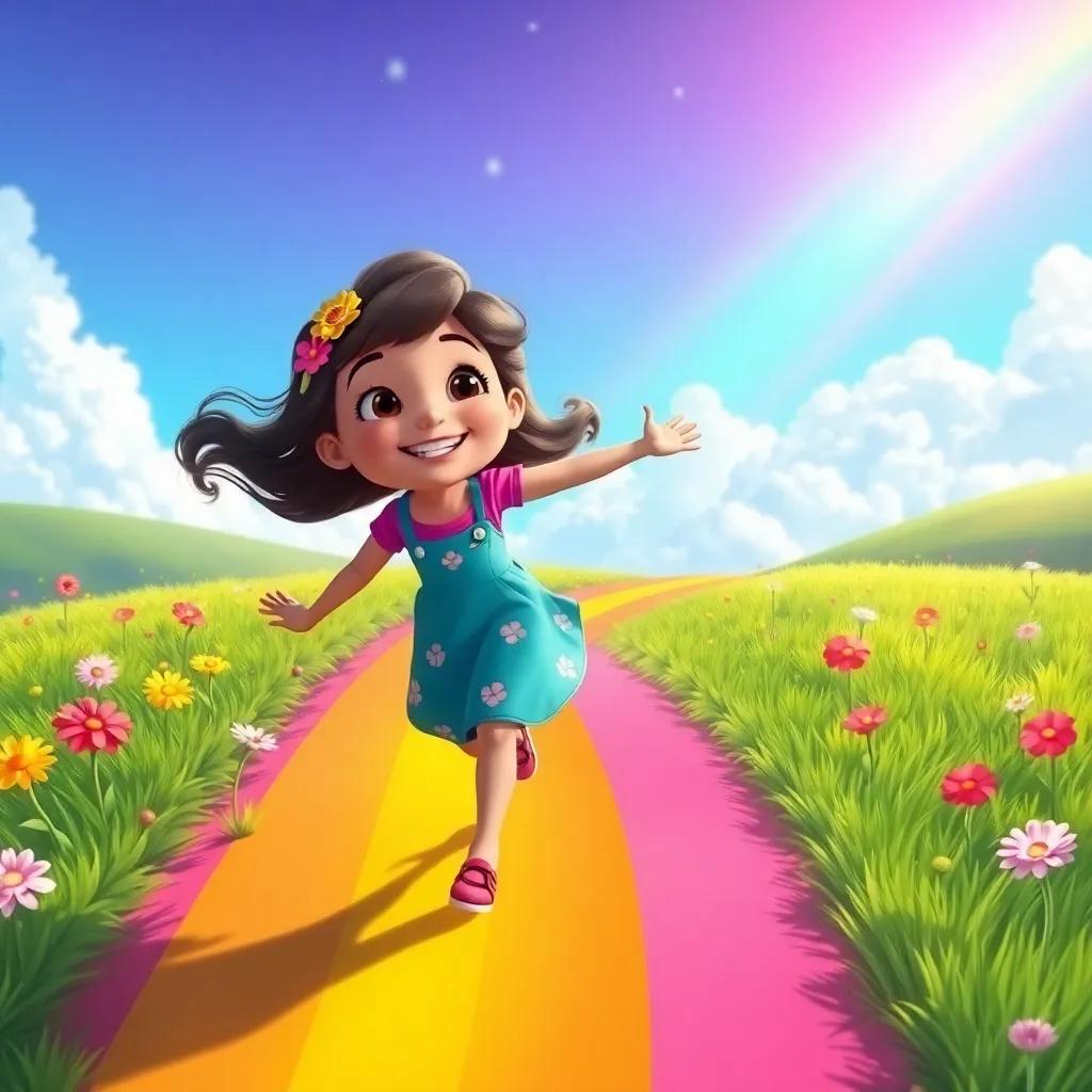Lila walking down a rainbow, filled with joy as she brings the lessons of love and acceptance back home, digital art, bright colors, cheerful and joyful atmosphere, high quality