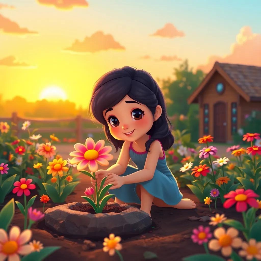 Lila planting the colorful flower in her garden at home, with blooming flowers around her and a warm sunset sky, surrounded by happiness and memories, illustration, inviting colors, heartwarming scene, child-friendly