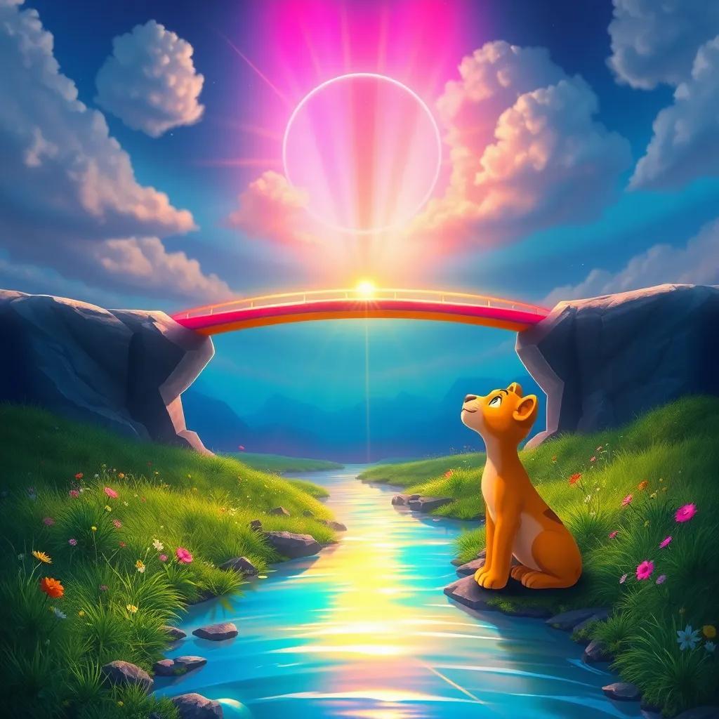 A glowing rainbow bridge in the sky, made of bright colors, spanning over a small river, Leo looking up with curiosity, whimsical lands around, digital painting, magical, colorful, child-friendly, high quality