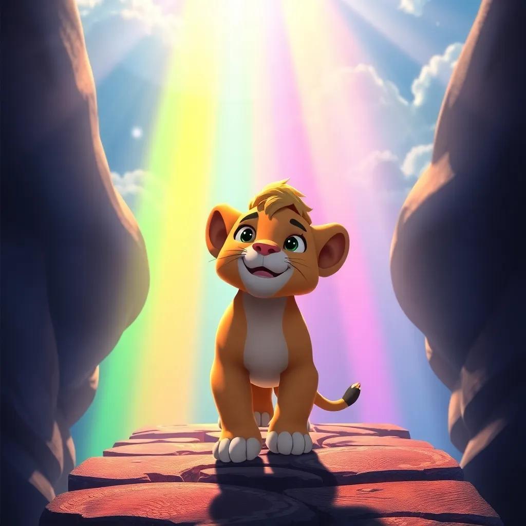 Leo steps onto the rainbow bridge, colors shining under the sunlight, excitement in his eyes, light reflecting off the vibrant colors, detailed artwork, happy atmosphere, high quality