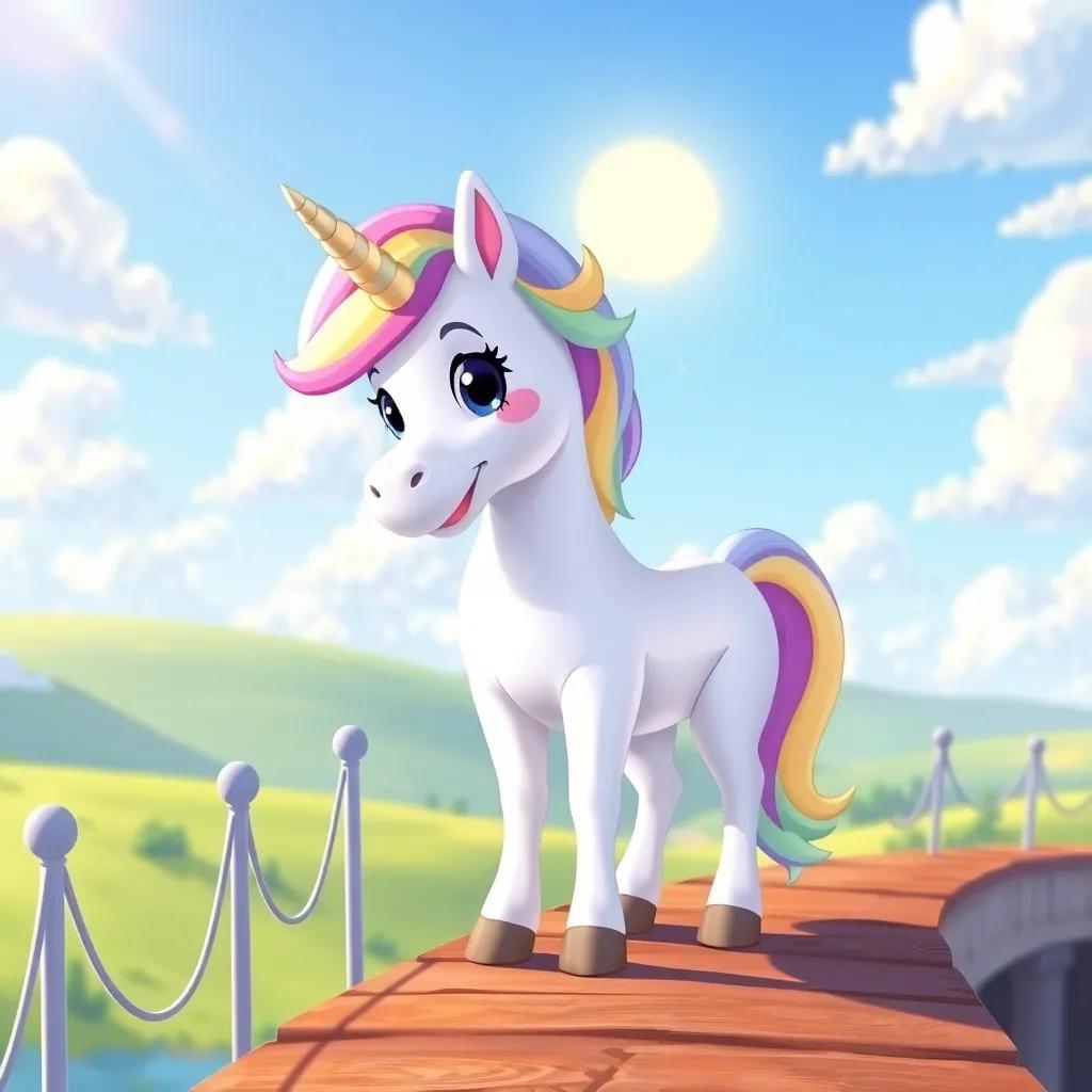 A friendly unicorn named Sparkle, with a shiny, multicolored mane, standing on the bridge, smiling at Leo, bright landscape with clouds and sunshine, digital illustration, cheerful, whimsy, high quality