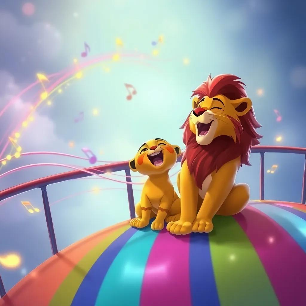 Leo and Blitzy singing together on the rainbow bridge, colors swirling around them like music notes, bright and cheerful environment, digital painting, joyous atmosphere, high quality