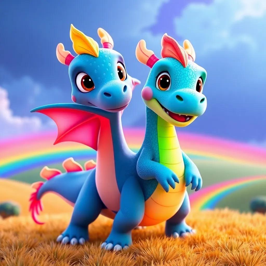 A playful dragon named Flicker, with color-changing scales, smiling and inviting Leo to ride, vibrant rainbow landscape in the background, whimsical and friendly, digital art, colorful and inviting, high quality