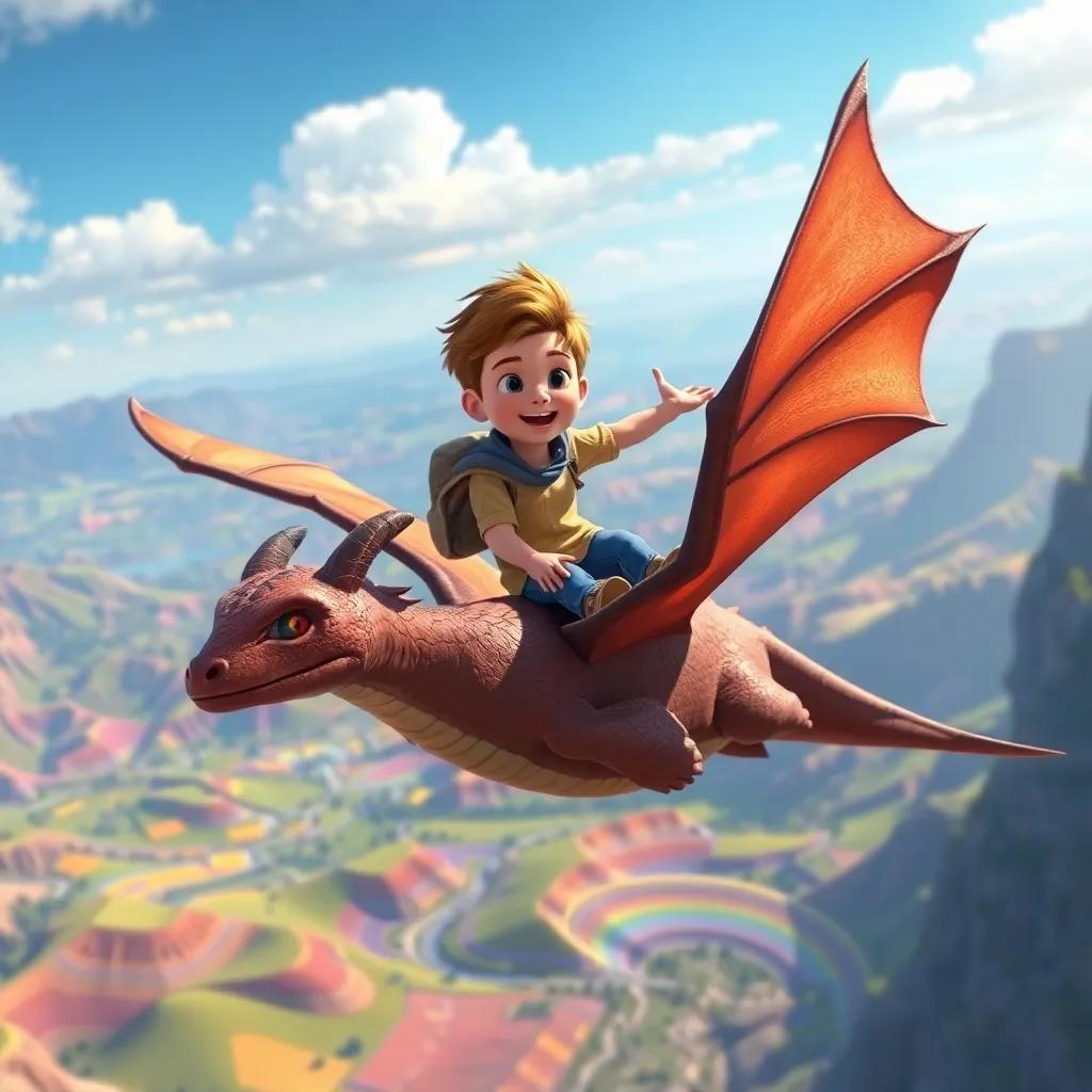 Leo joyfully riding Flicker, the dragon, flying high above the colorful land, wind blowing through his hair, stunning views of rainbow valleys below, digital painting, adventurous spirit, high quality